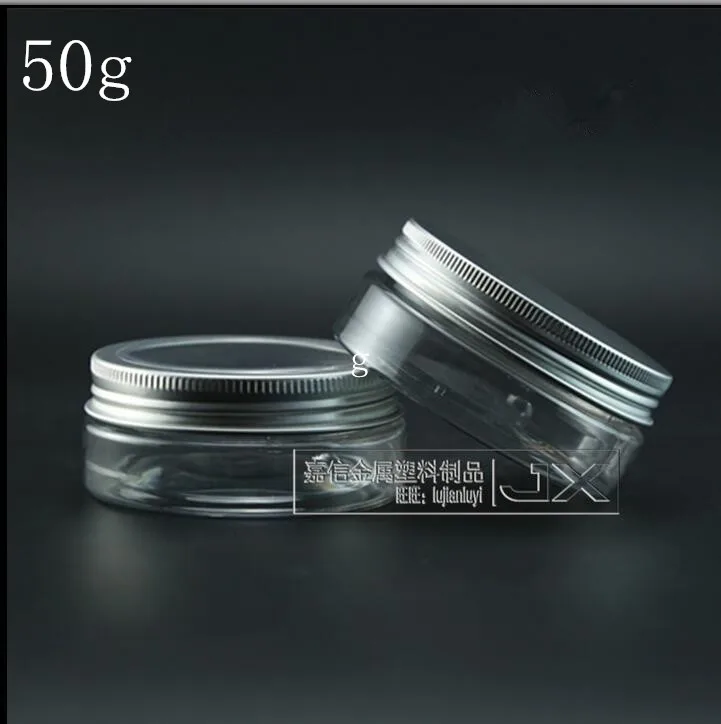 

Free Shipping 50g/ml Clear Plastic Flat Bottle Jar Gloden Silver lid Butter Pomade Bath Salt Pill Small Sample Packing Bottles