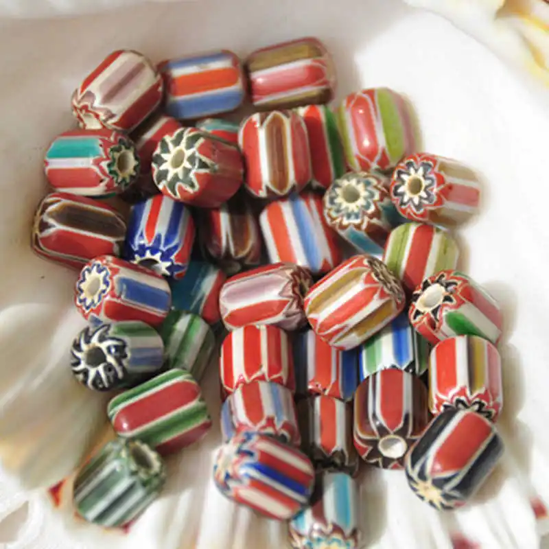 10PCS Hand Lampwork Barrel Beads Safron Rainbow Strips Glaze Simulent Trade Beads TSB0022