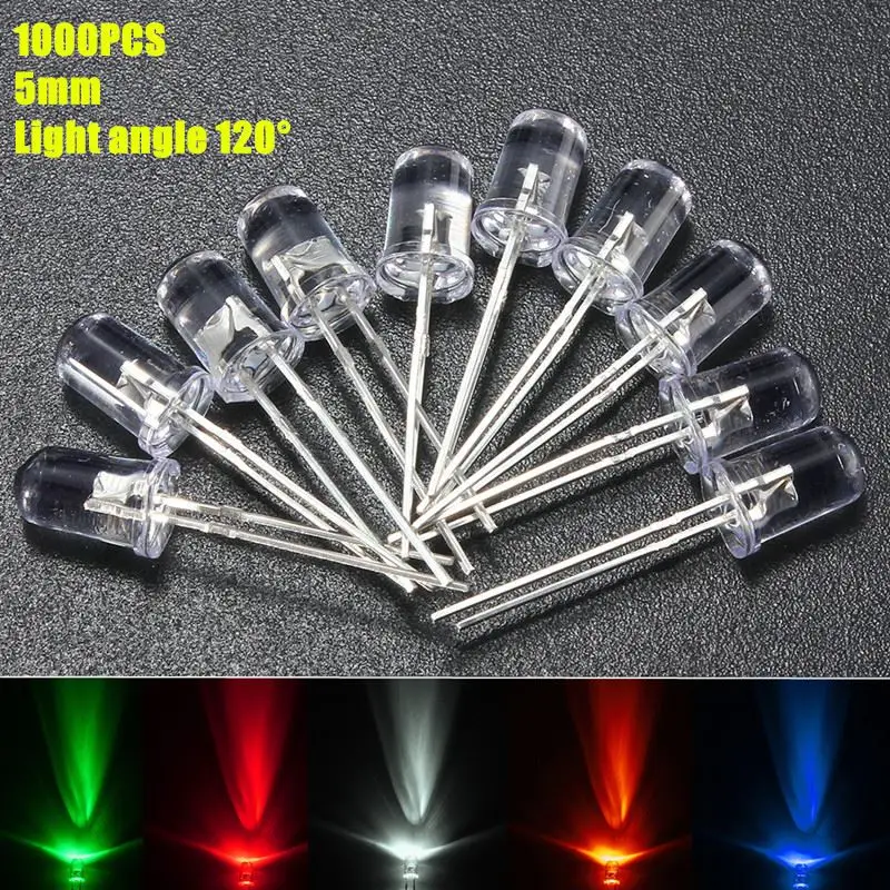 

New Arrival 1000PCS 5mm Round Red Yellow White Green Blue Water Clear LED Light Diode Convenient for DIY Diodes kits