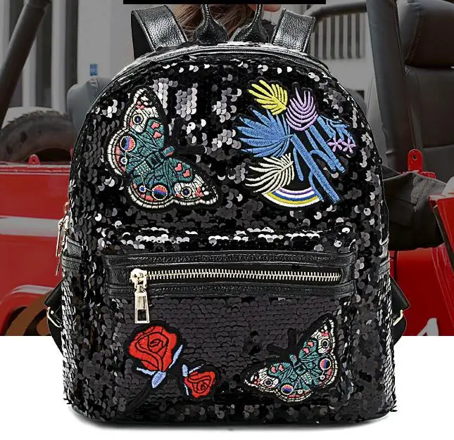 

Glitter Sequins Embroidery Backpack Women Fashion Travel Rucksack New Rose Butterfly Patched School Bag Mochilas