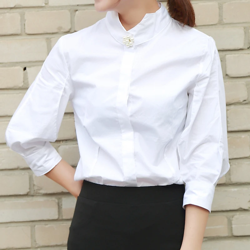 Vintage Petal Lantern Sleeve Blouses  Women New Fashion Beading Stand Collar Black Cotton Tops Retro Female White Shirts