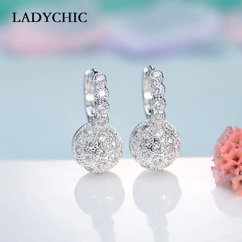 LADYCHIC Brand Luxury Bride Wedding Jewelry Micro Inlay Zircon Hemisphere Hoop Earrings Silver Color Earrings Jewelry LE1032