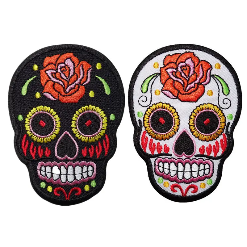 

White Black Skull Flower Embroidered Sew Iron On Patches Punk Gothic Badge For Bag Jeans Hat Appliques DIY Handwork Sticker