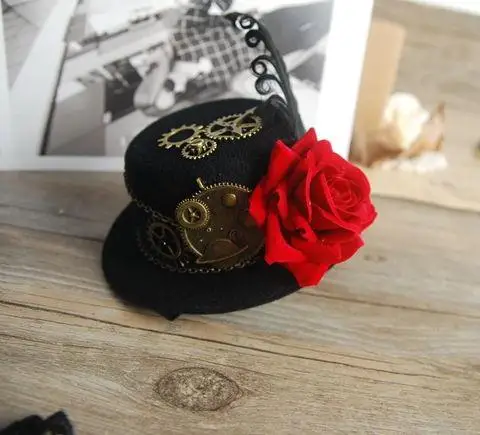 Punk Black Gothic Mini Top Hat Fascinator On Hairclip Womens Fancy Dress Steampunk Gears Feather Rose Hats