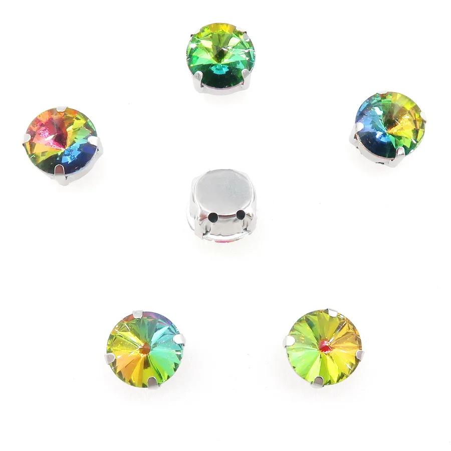 Rivoli runde silberne Krallenfassungen mit Glaskristallen in Regenbogenfarben, 8 mm, 10 mm, zum Aufnähen von Strasskristallen, Applikationen für Kleidung, DIY – Detail 3