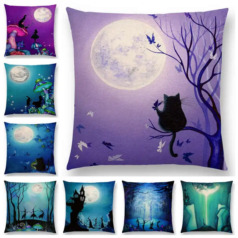 Alice Dreams Cute Cat Magical Moon Night Wonderland Emerald Forest Witches Halloween Dance Cushion Cover Sofa Throw Pillow Case