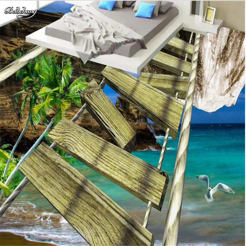 beibehang Custom large mural 3D wood bridge seaside landscape floor thickening waterproof pvc wear film