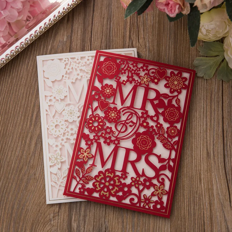 Red and White Pearl Paper Laser Cutting MR and MRS Right Wedding Invitation Cards Personalized Design Inner Sheet