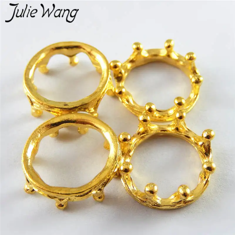 Julie Wang 10PCS Gold Color Crown Ring Circular Charms For Necklace Pendants Findings Jewelry Making Accessory Suspension