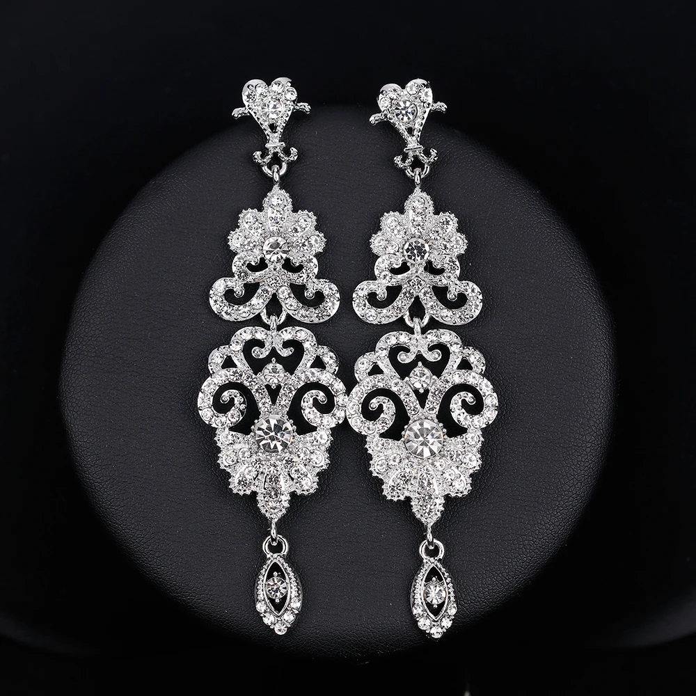 BLIJERY Luxury Chandelier Earrings for Women Silver Color Rhinestone Crystal Floral Bridal Long Earrings Bridal Wedding Jewelry