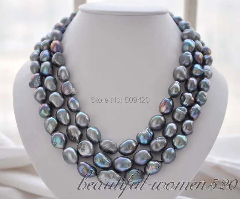 

Free Shipping 3ROW 10-12mm natural south sea gray baroque pearl necklace 17-19"