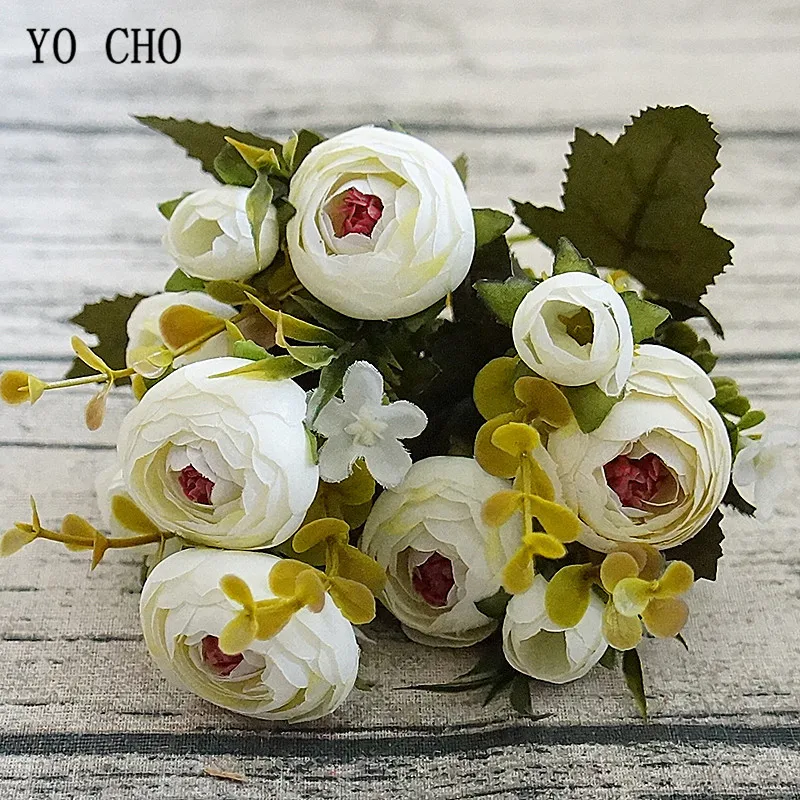 YO CHO Bridal Rose Wedding Bouquet Bridesmaid Camellia Bouquet High Quality Artificial Silk Flowers Arrangement Home Party Decor