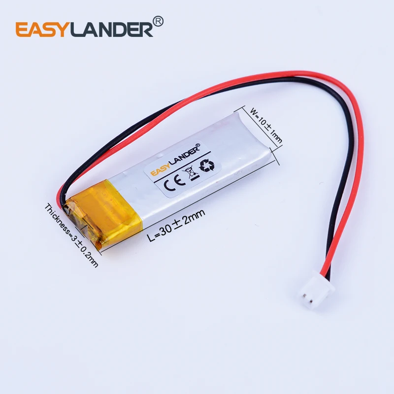 3pcs/Lot  JST1.25 2P 3.7V 95mAh 301030 Rechargeable Lithium Li-ion Polymer Battery For bluetooth headset mp3 toys mouse