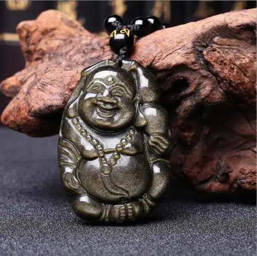 

Koraba Fine Jewelry Chinese Natural Gold Obsidian Hand-Carved Blessing Maitreya Buddha Pendant Free Shipping