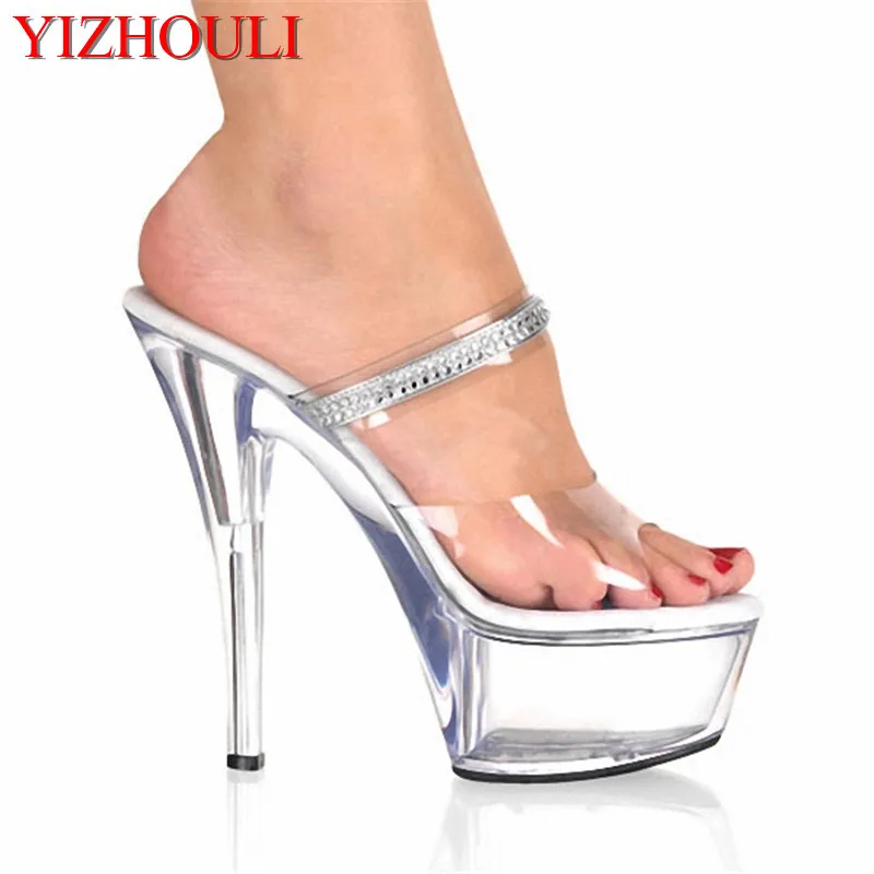 6 Inch High Heel Shoes Sexy Party Crystal Slippers Rhinestone Clear Sandals Platform 15cm High Heels Dance Shoes