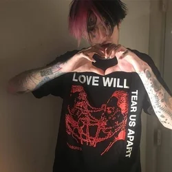 HAHAYULE Love Will Tear Us Apart Graphic Tee Unisex Tumblr Fashion Grunge Black Tee Hipsters Punk Style Top