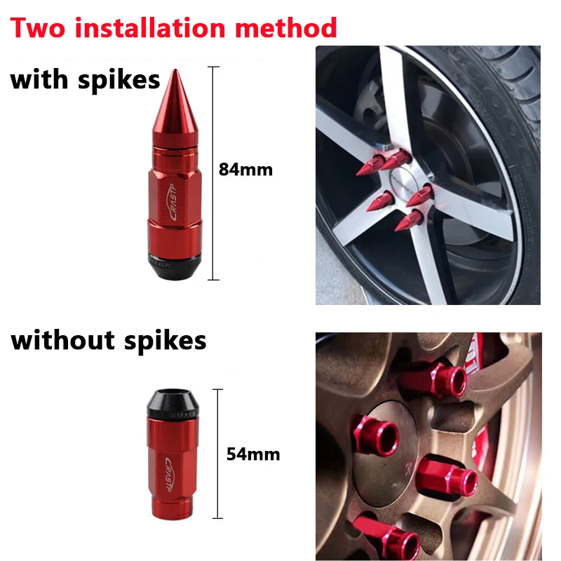 PASTP-20pcs Racing Composite Nut Anti-Theft Steel Head Alloy Aluminum Lock Wheel Lug Nut Bolt with Extended Spike Lug Nuts LN043