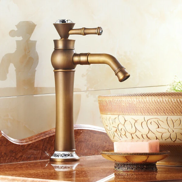 

Countertop Mixer Taps Antique Brass Finished Hot&Cold Mixer Taps Deck Mounted Faucet with Diamond AF1015