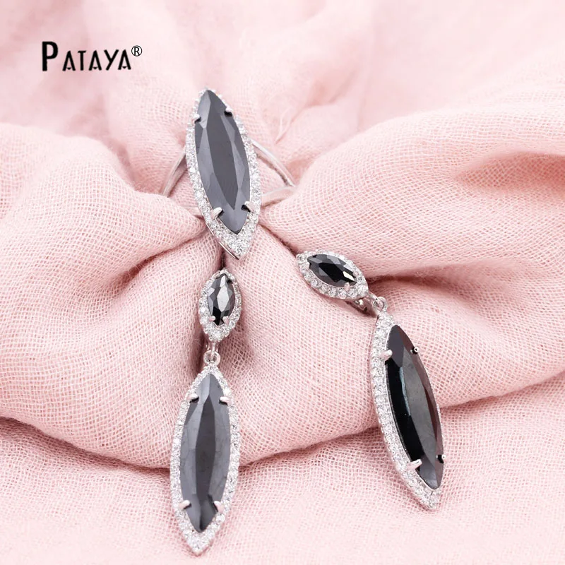 PATAYA New Dark Blue Horse Eye Natural Zircon Earrings Ring Set True White Gold Color Jewelry Women Wedding Luxury Jewelry Set