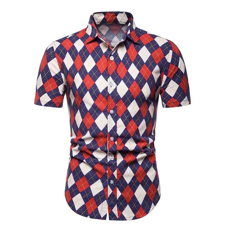

Summer Men Shirts 2019 New Casual Short Sleeve Shirt Men RedBlueWhite Print Plaid Shirt Plus Size 5XL Slim Fit Mens Dress Shirts