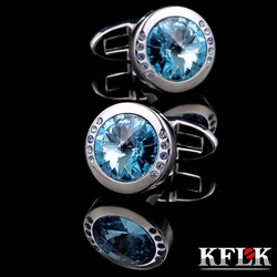 KFLK Jewelry shirt amall cufflink for Unisex Brand Blue Crystal Cuff link Button High Quality Luxury Wedding Groom guests