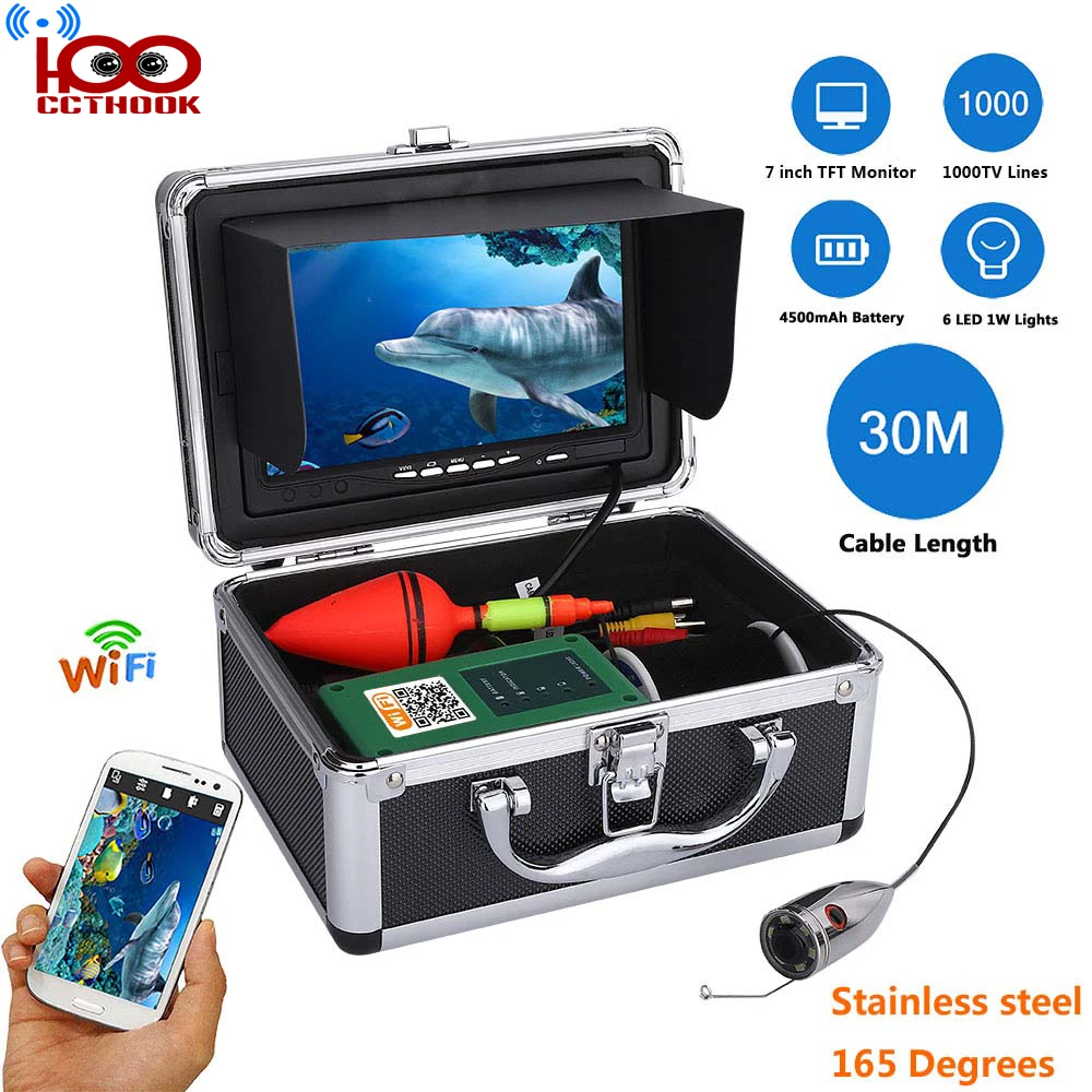 30m Cable WIFI Wireless Fish Finder with 720P 1000TVL Underwater Fishing Video Camera 7 Inch Color Monitor Free Mob APP Viewing