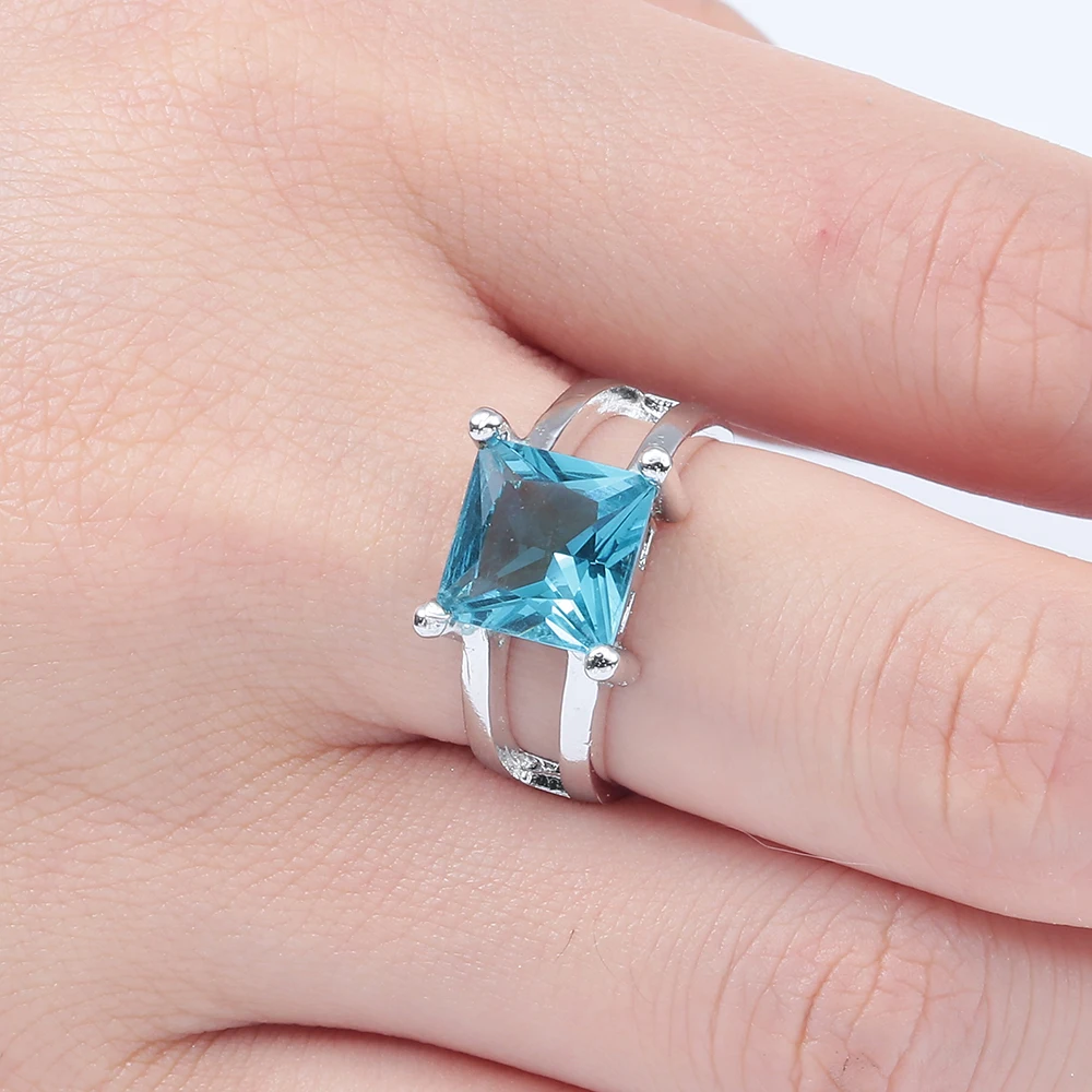 New Fashion Geometric Design Light Blue Wedding Rings For Women Sky Blue Solitaire Engagement fine jewelry drop shipping