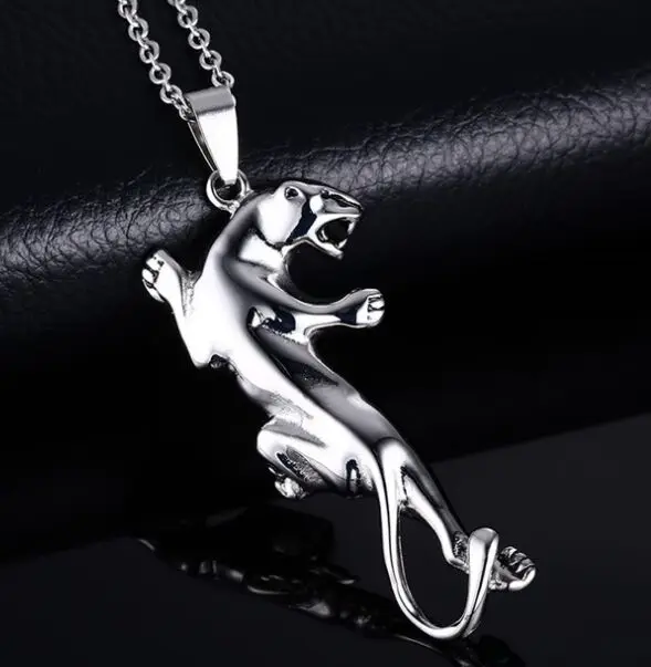 Classic Mens Panther Leopard Pendant Necklace Stainless Steel Link Chain Necklace Statement Jewelry