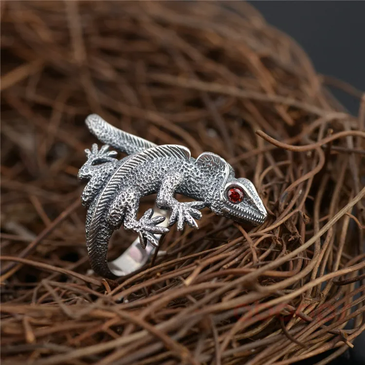 Vintage 925 Sterling Silver Reptile Lizard Ring with Red Eyes for Men Women,Adjustable,Free Shipping