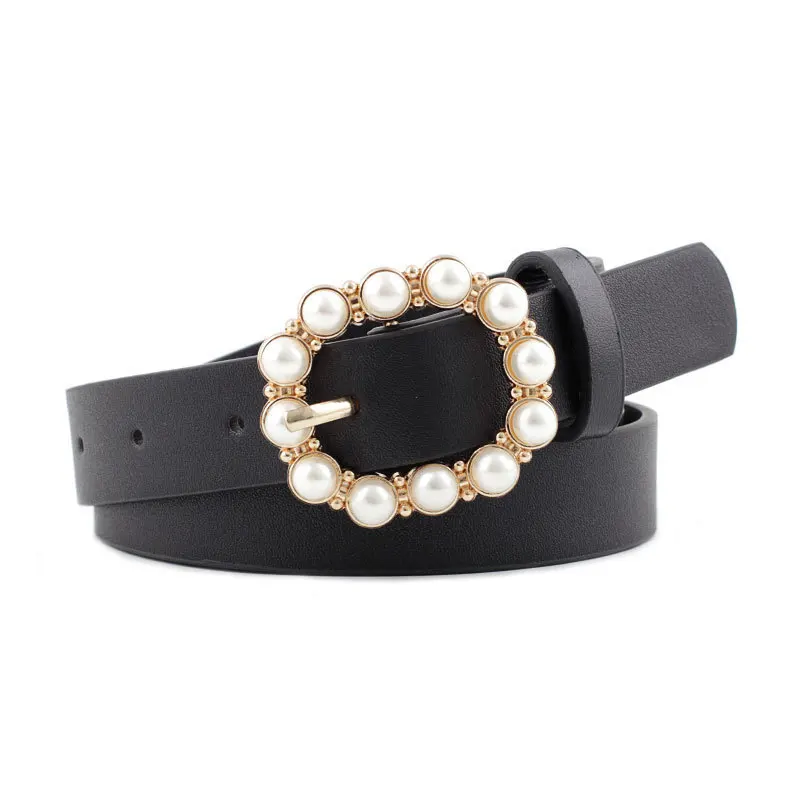 

Fashion Pearl Decorative Belt Ladies Belt Round Pin Buckle Pearl Belts Women's Casual Solid PU Leather Thin Belt