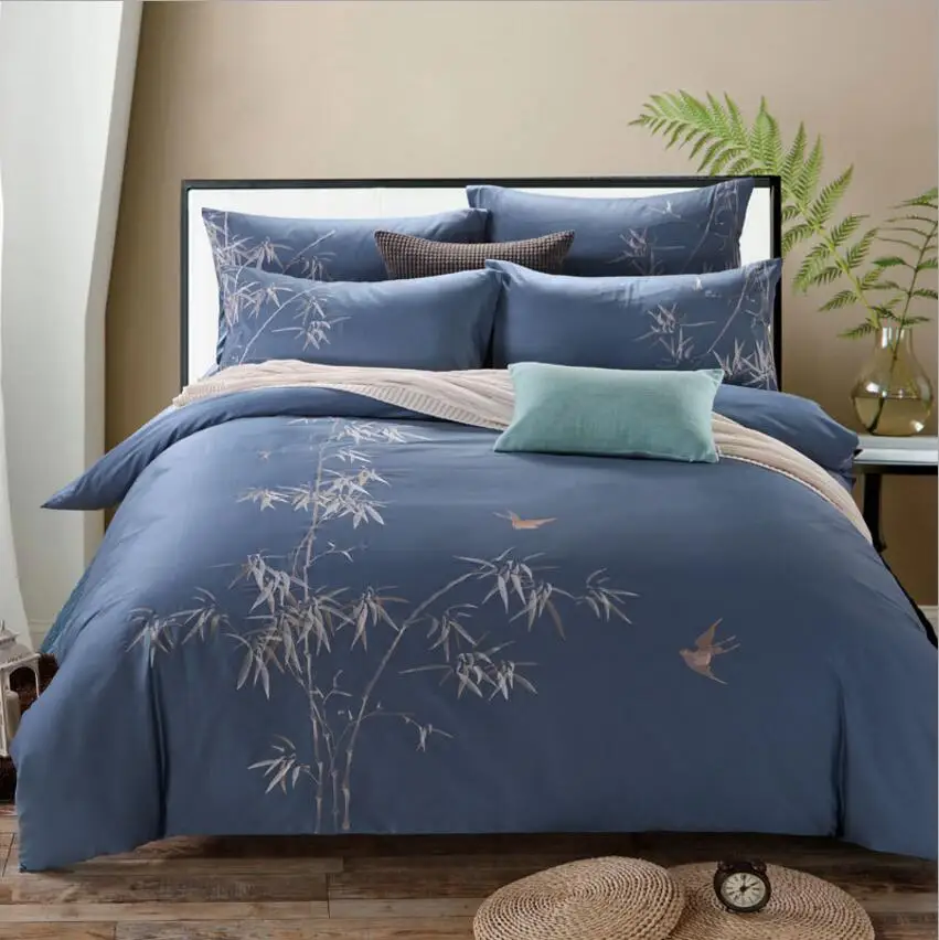 100% Cotton Bamboo Embroidered Solid Bedding Set King Queen Size 4pcs Blue Quilt/Duvet Cover Bed Sheet Pillowcases Home Textile