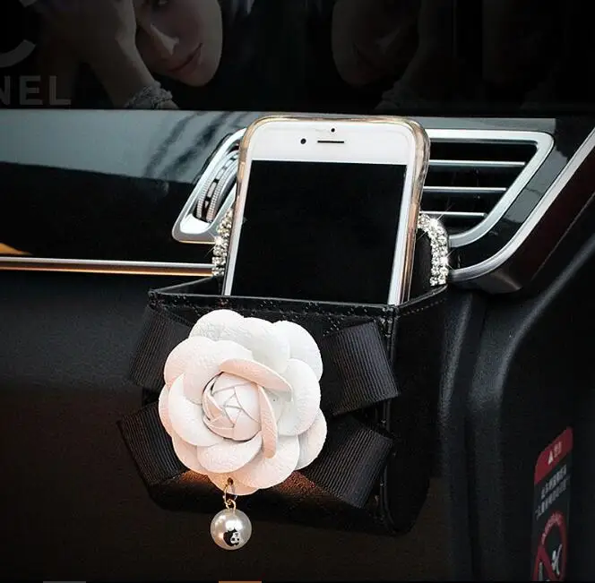 Camellia Flower Car Interior Accessories Crystal Leather Steering Wheel Cover Seat Belt Shifter Cover Auto Headrest Mirror Case