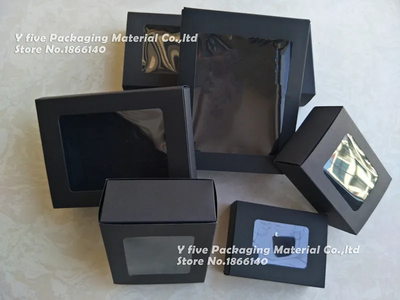 

7 Size Black kraft gift packaging cardboard box black window packing gift box wedding favor drawer box 100pcs\lot Free shipping