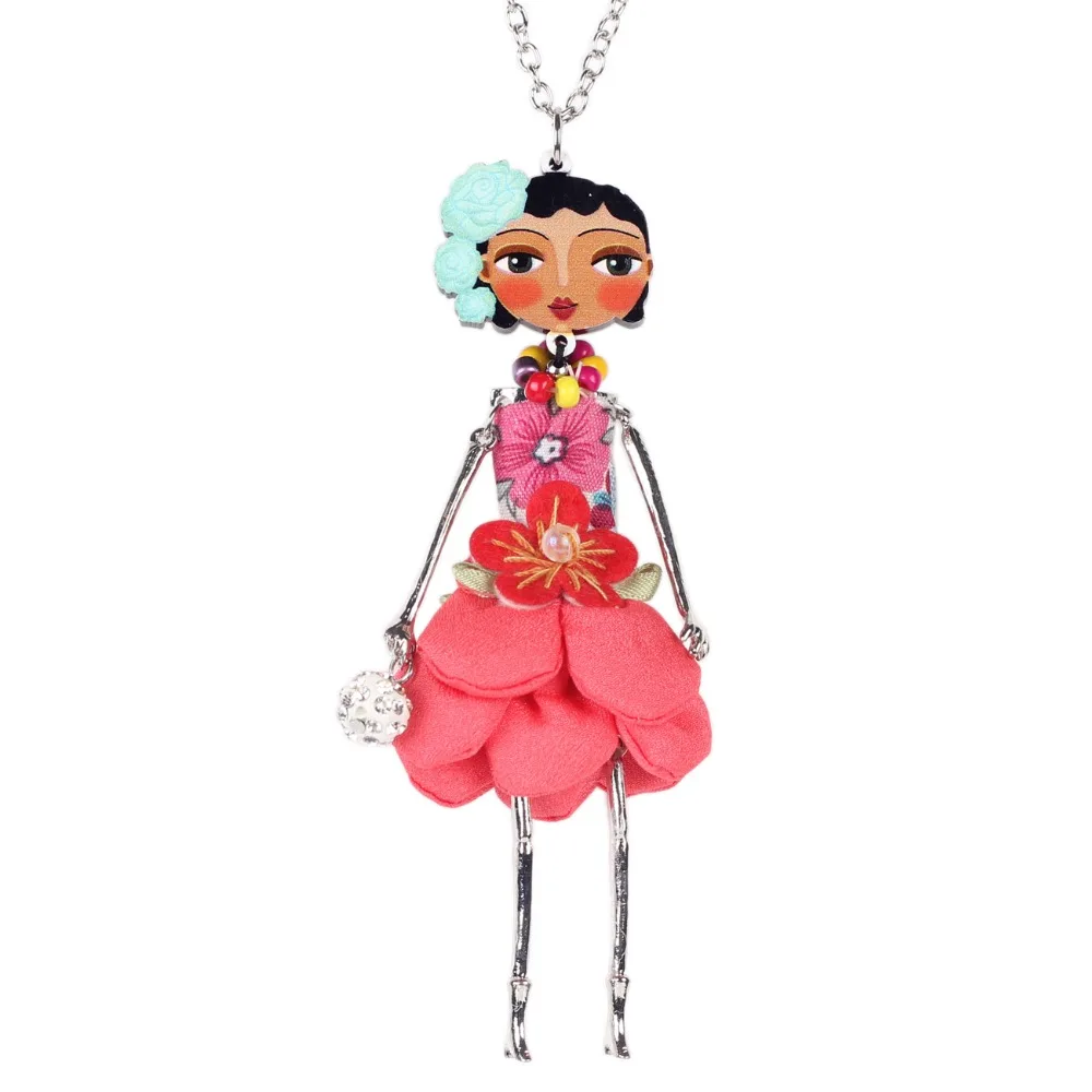 Bonsny Doll Necklace Dress Handmade Paris Doll Pendant trendy 2016 News Alloy Girl Women Flower Fashion Jewelry Accessories