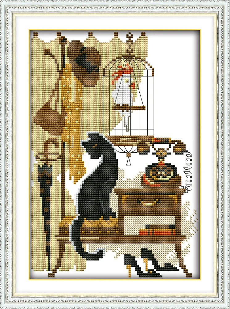 Black cat and parrot cross stitch kit aida 14ct 11ct count printed canvas stitches embroidery DIY handmade needlework