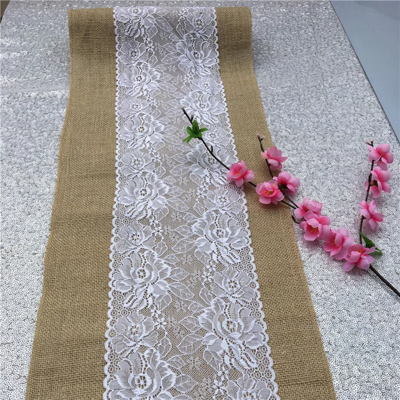 30*108CM Vintage Burlap Lace Table Runner Luxury Natural Jute Hessian Table Decoration for Country Wedding Party Supplies