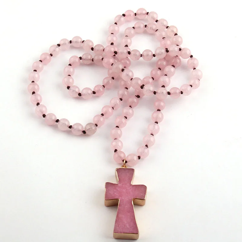 Fashion Bohemian Tribal Jewelry Pink Stones Beads Knotted Cross Necklace For Women