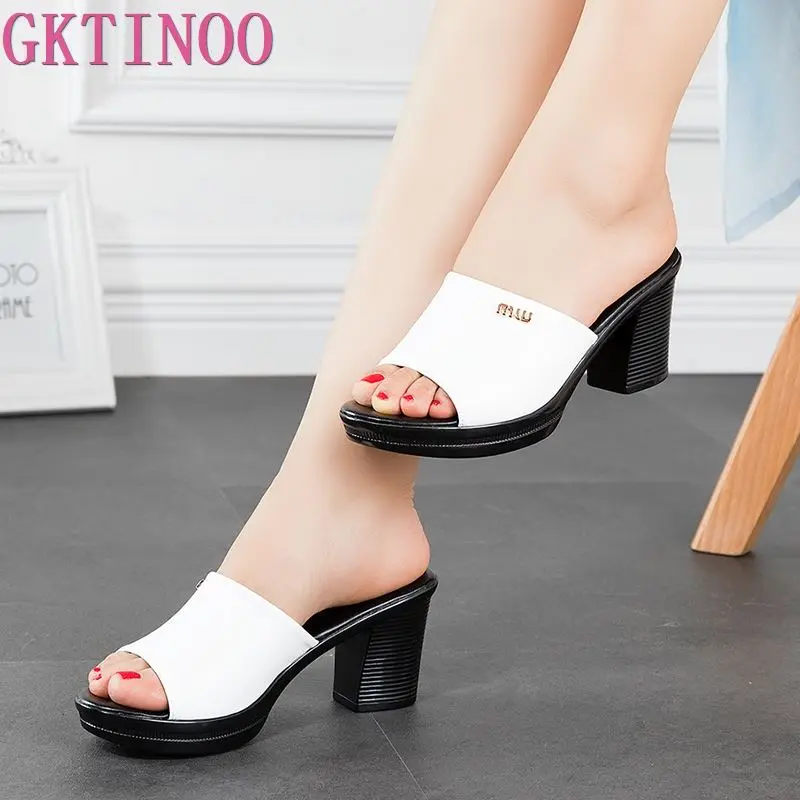 GKTINOO Women Sexy High Heel Clogs Summer Peep Toe Platform Mules Ladies Genuine Leather Slippers Female Slip On Sandals Shoes