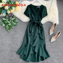 ALPHALMODA-Women's Ruffled Short-Sleeved Wrap Dress, V-Neck, High Waist, Solid, Graceful Women Sashes, Summer, 2019