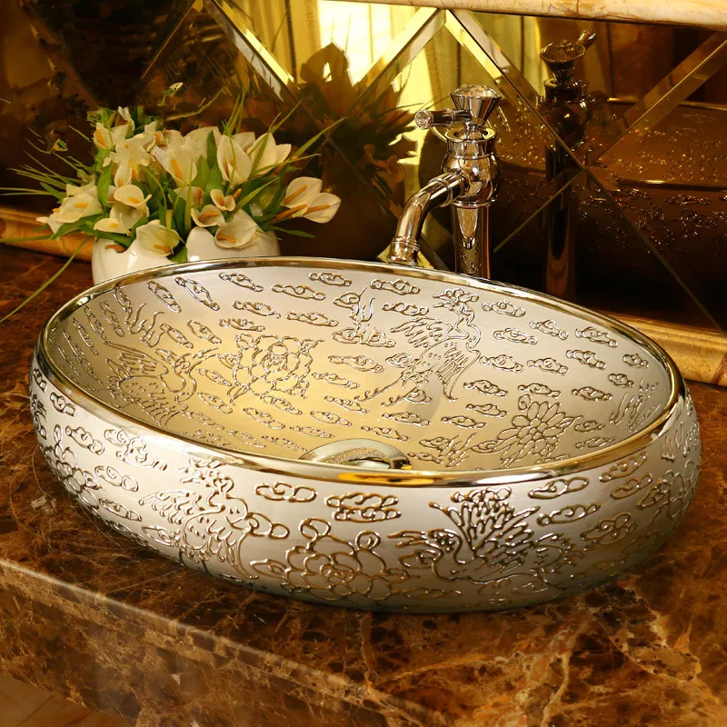 

Golden/Silver oval Porcelain China Classic Painting Art Countertop Ceramic Bathroom Sink chinese porcelain washbasin