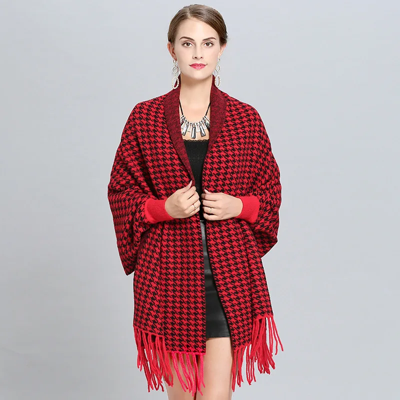 2022 Lady Black Knitted Plaid Otter Velvet Cardigans Thick Poncho Houndstooth Autumn Winter Shawl Casual Wrap Open Stitch Cloak