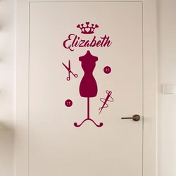 Fashion Wall Decals Girls Personalised Mannequin Crown Sewing Any Name Vinyl Wall Sticker Decal Home Door Decoration Mural S165