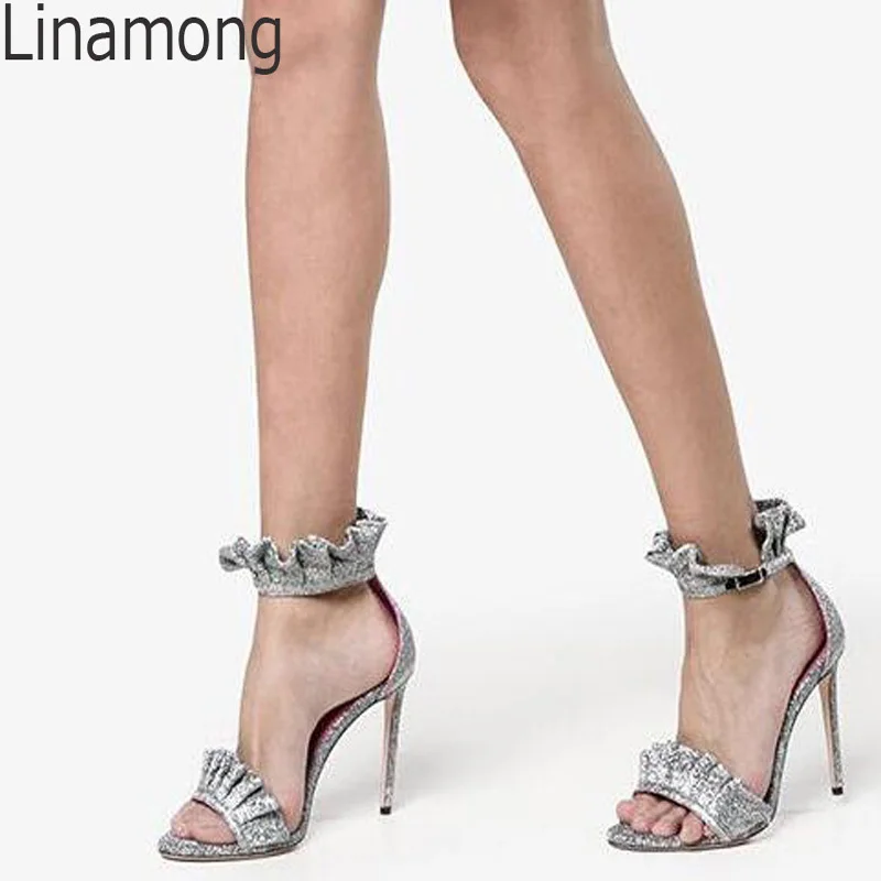 Summer Red Silver Pleated Sequins ruffles Laciness Sandals Stiletto High Heels Female Ankle Wrap Sandalias Shoes