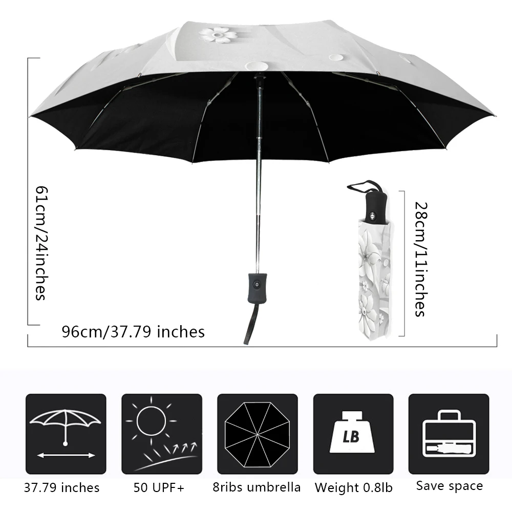 Full Automatic 3D Floral Guarda Chuva White Sun Protection Three Folding Umbrella Rain Women Anti UV Outdoor Travel Sombrinha