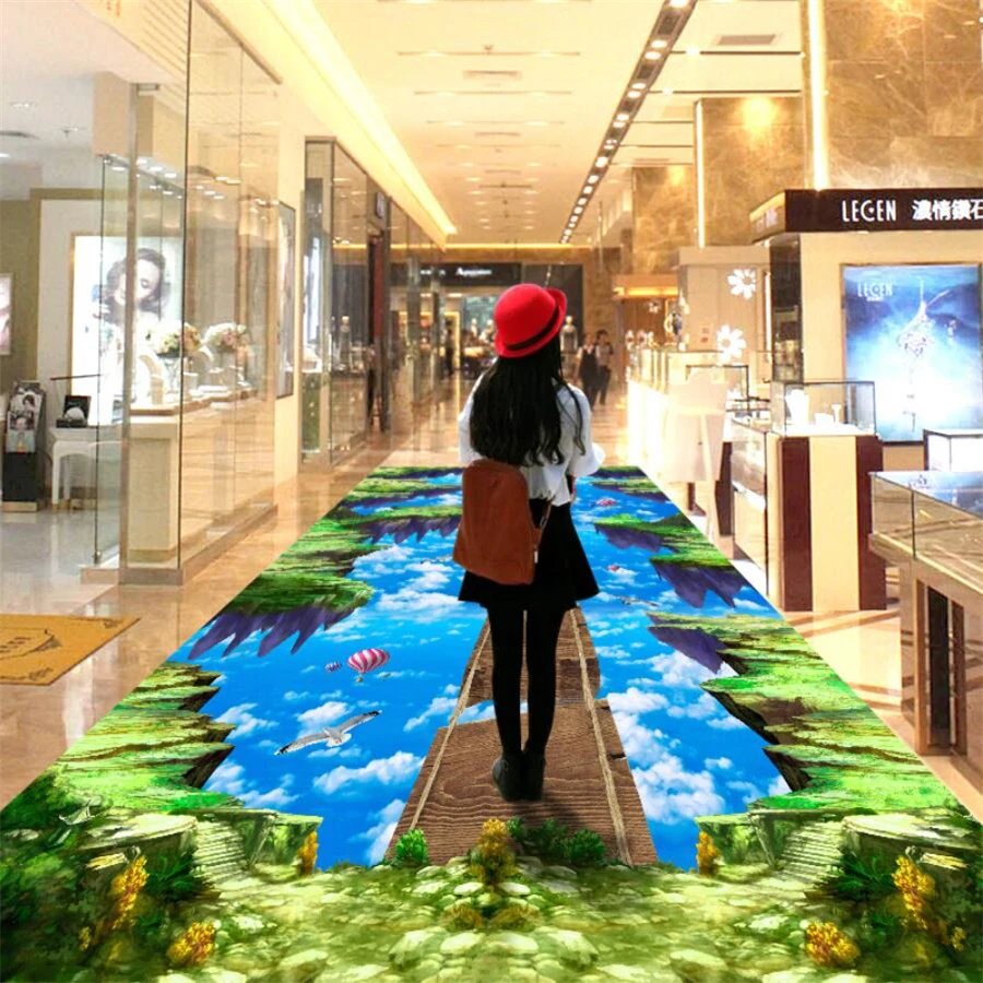 Custom floor 3d mural lawn cliff sky wooden bridge bathroom kitchen walkway 3d floor living room bedroom shopping mall flooring