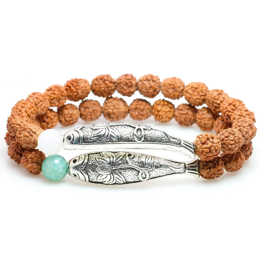 Rudraksha Seed Beads With Amazonite Stone Fish Charm Bracelet For Women White Chalcedony Yoga OM Jewelry