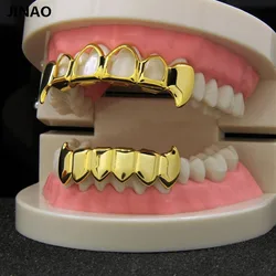 JINAO Light Yellow Gold Color Plated Hip Hop Teeth Hollow Fang Top & Solid Fangs Bottom Grillz Set Vampire Grills Sets
