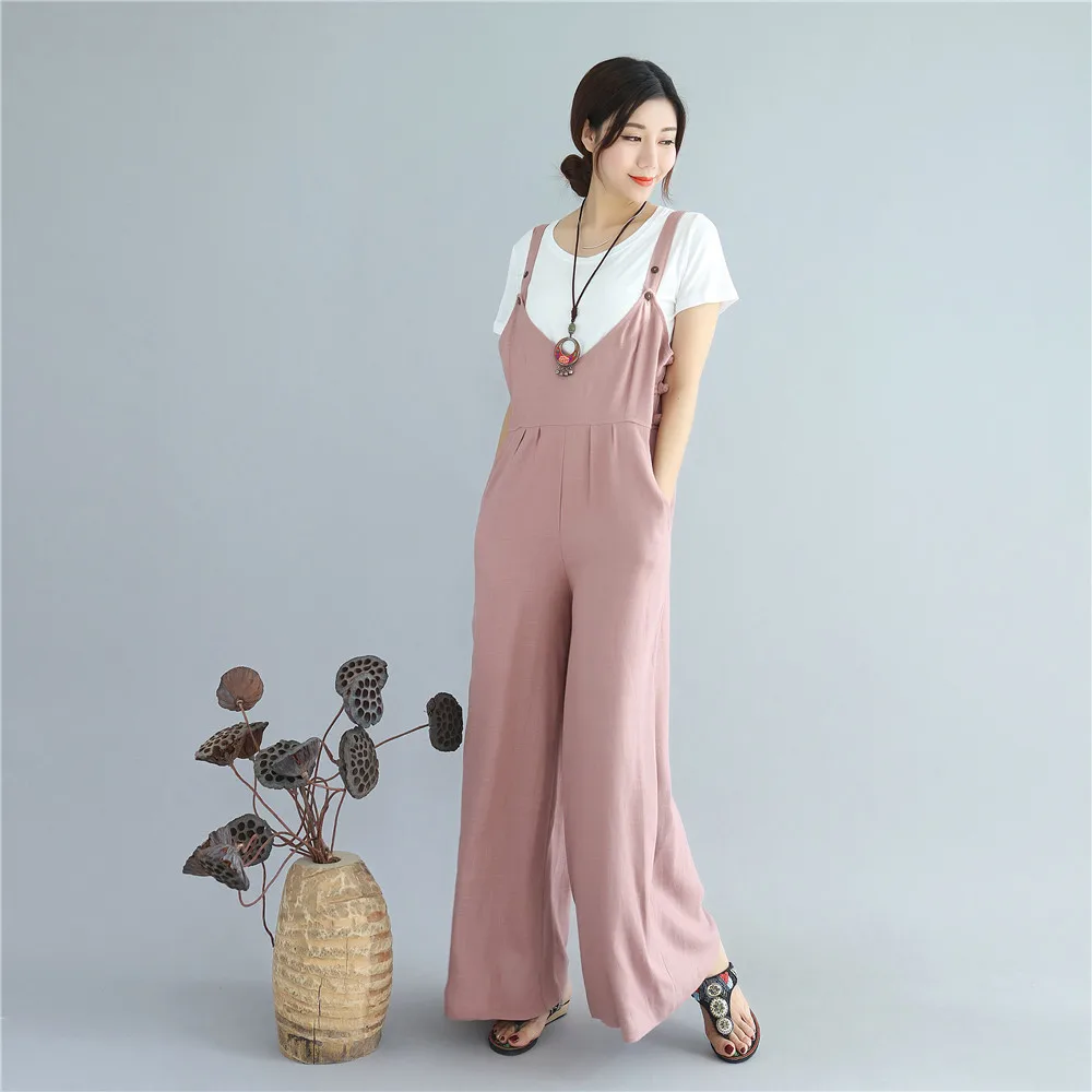 

LZJN 2019 Soft Women Long Linen Wide Leg Pants Adjustable Strap Flax Overalls Pockets Casual Rompers Suspender Trousers