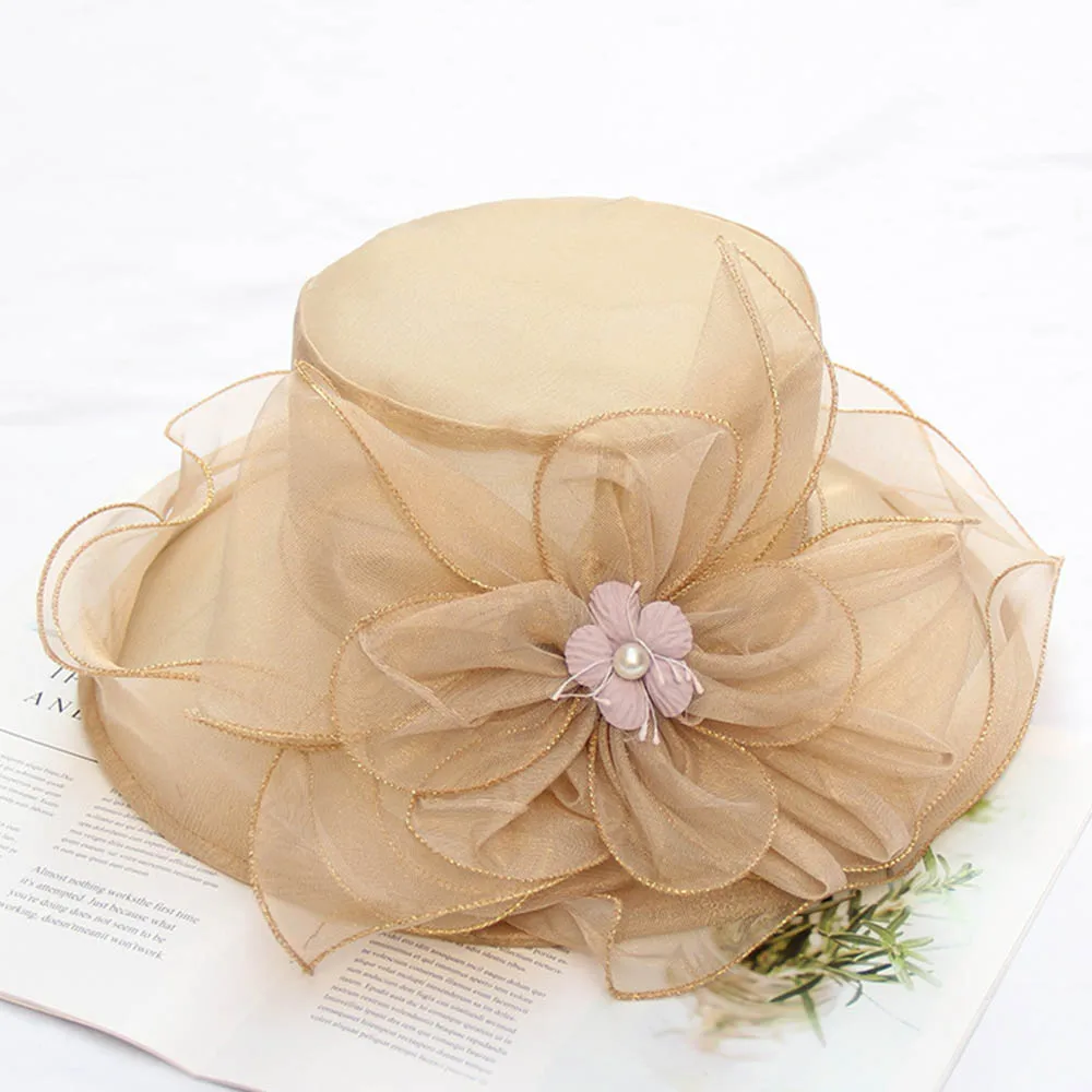 FS Summer Organza Fascinator Foldable Wedding Church Dresses Kentucky Derby Hats For Women Elegant Pink Wide Brim Sun Hat Fedora