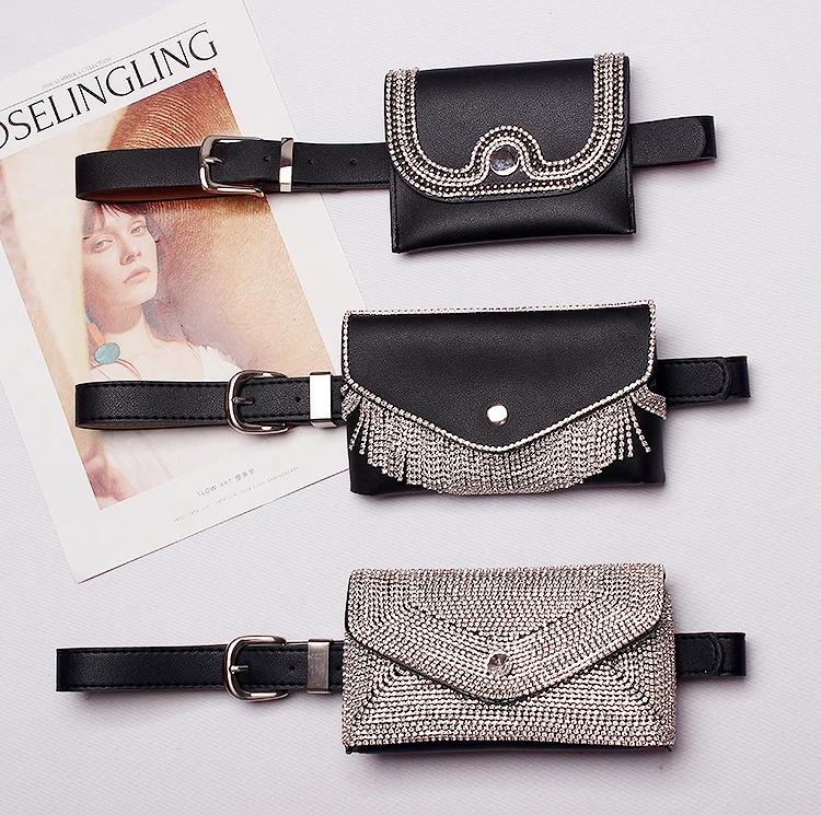Marsupio glitterato con diamanti pieno New Fashion fibbia scura tasche per cintura in pelle Pu cintura da donna borsa a tre marsupi opzionale a